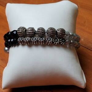Bracelet, silver, black, and clear beads